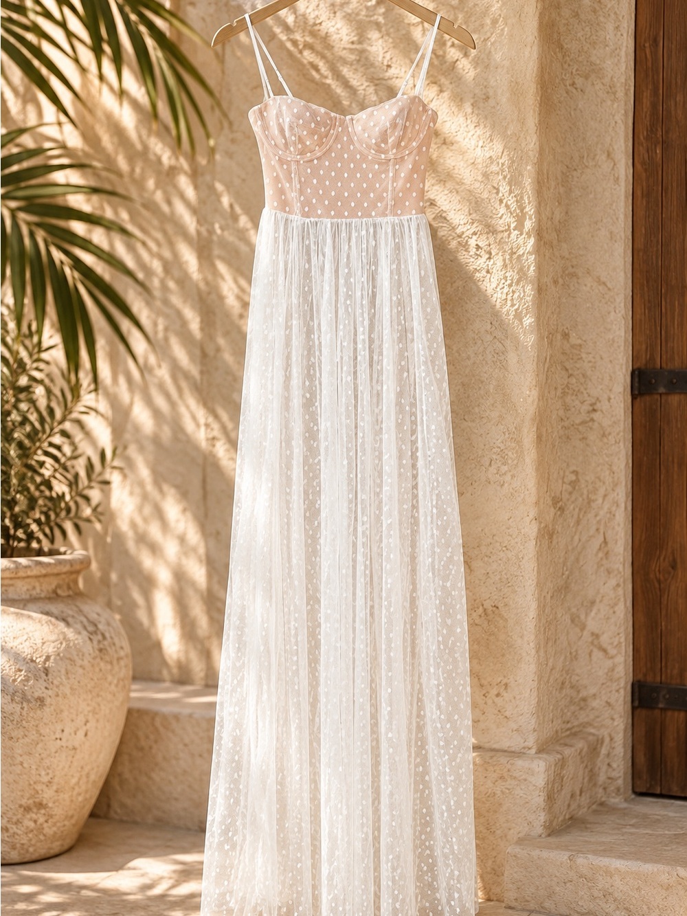 White Fox Boutique Blush Bustier Maxi with White Polka-Dot Mesh